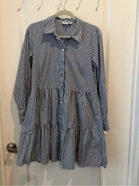 Veronica Beard Blue and White Striped Tiered Shirt Dress
